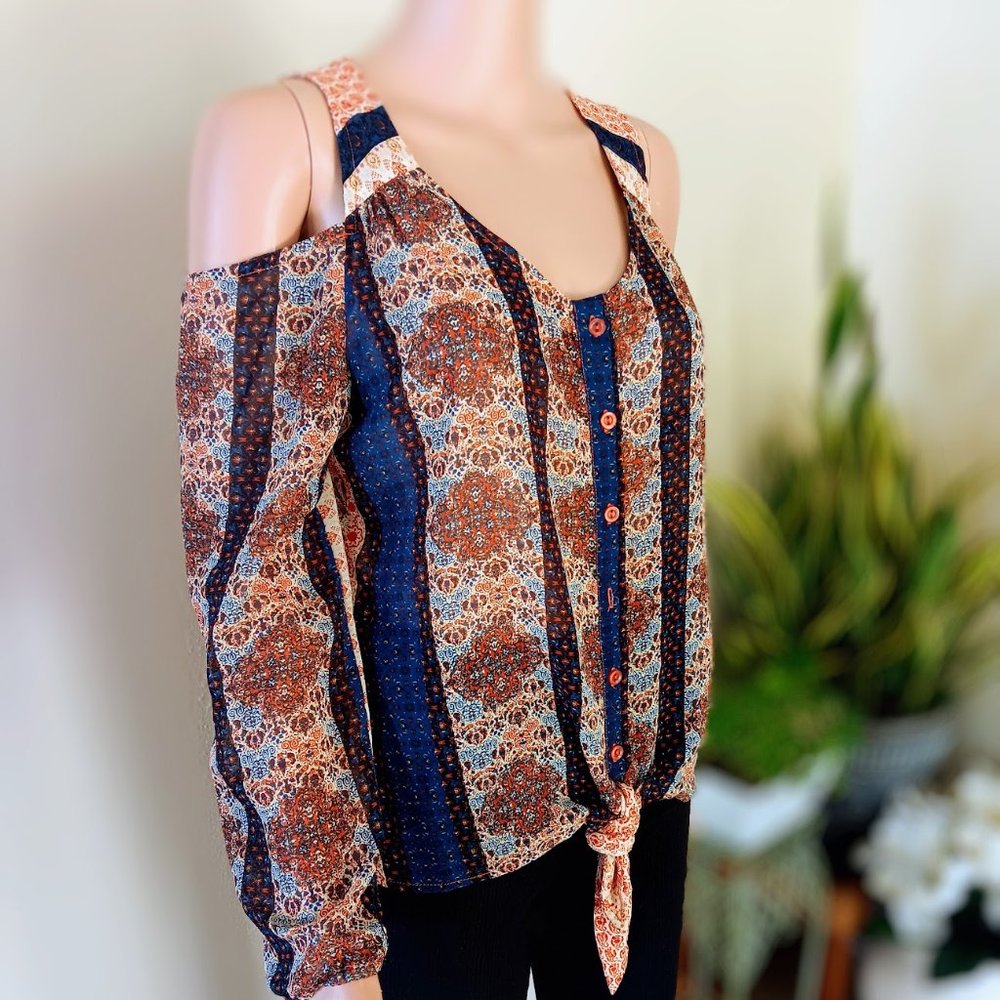 One World Long Sleeve Cold Shoulder Bohemian Blouse, Size M, 70s